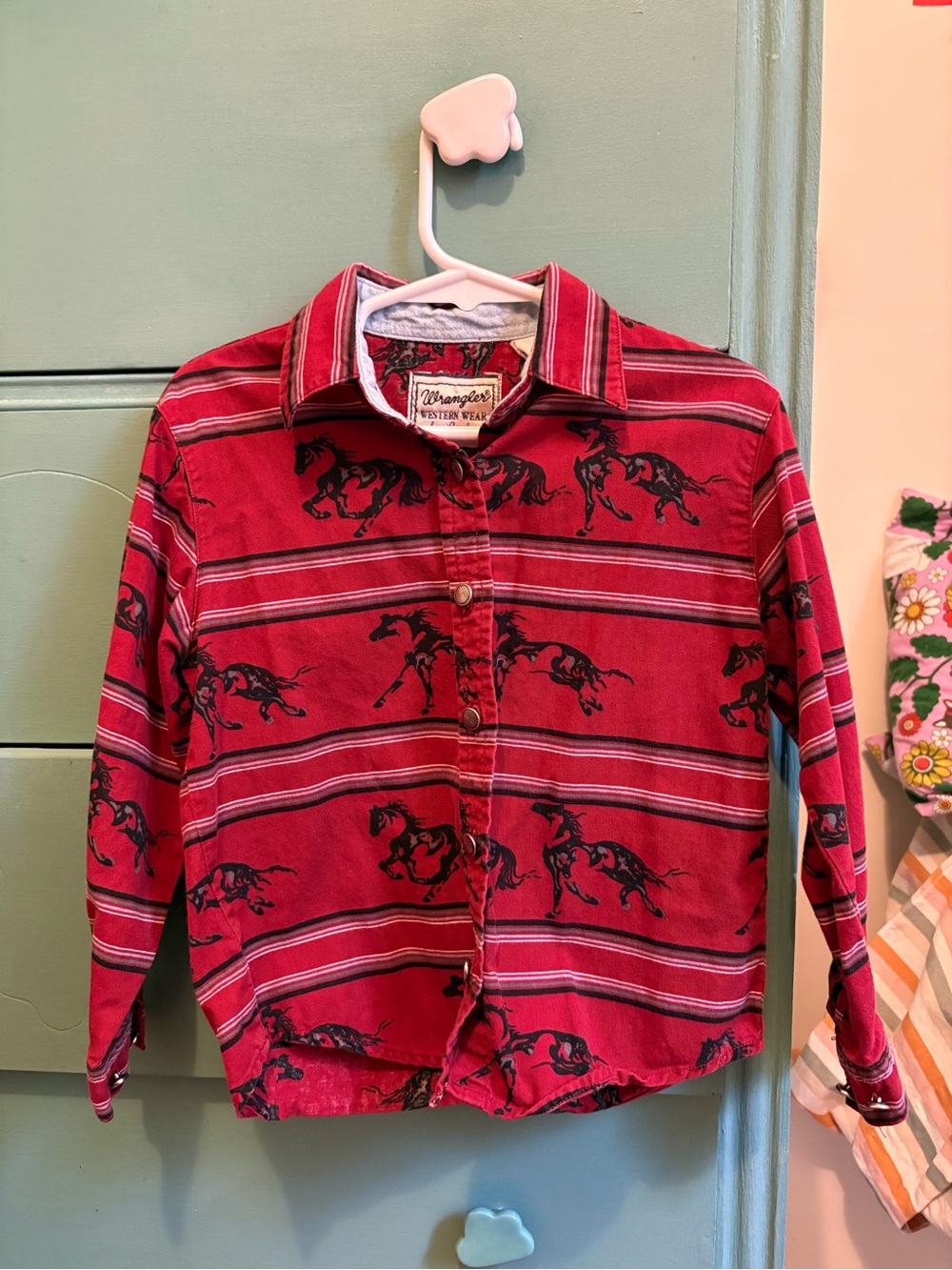 Wrangler Red Button-Down Kids' Shirt with Black Horse Print